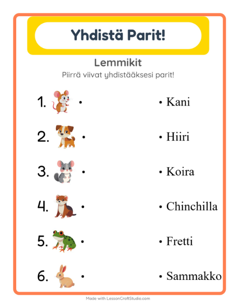 Esikatselu: Lue ja yhdistä: Lemmikit – 1. luokan oppilaille