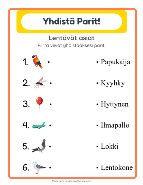 Esikatselu: Lue ja yhdistä: Lentävät asiat – 1. luokan oppilaille
