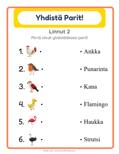 Esikatselu: Yhdistäminen-tehtäväarkki, aiheena Linnut 2, Esiopetus