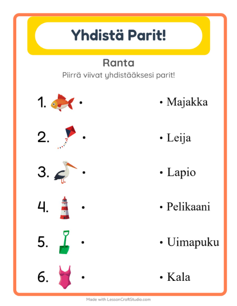 Esikatselu: Lue ja yhdistä: Ranta – 1. luokan oppilaille