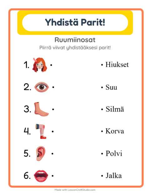 Esikatselu: Lue ja yhdistä: Ruumiinosat – 1. luokan oppilaille