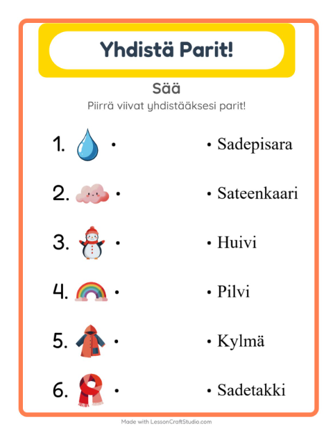 Esikatselu: Lue ja yhdistä: Sää – 1. luokan oppilaille
