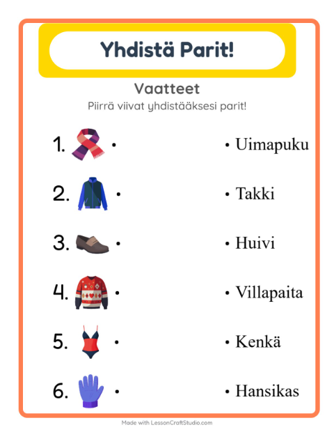 Esikatselu: Yhdistäminen-tehtäväarkki, aiheena Vaatteet, Esiopetus