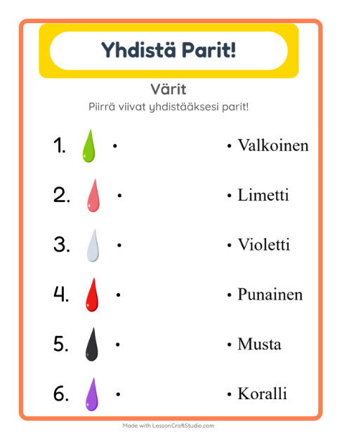Esikatselu: Yhdistäminen-tehtäväarkki, aiheena Värit, Esiopetus