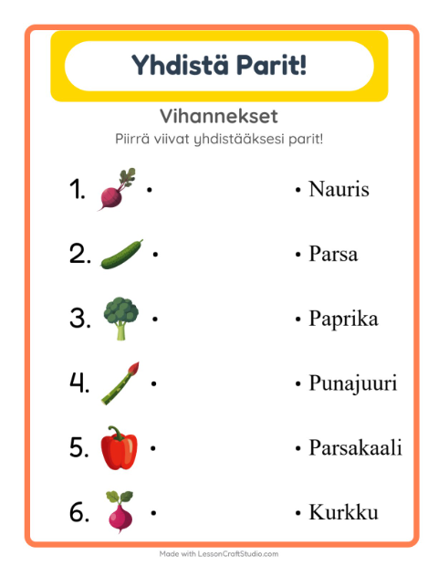 Esikatselu: Yhdistäminen-tehtäväarkki, aiheena Vihannekset, Esiopetus
