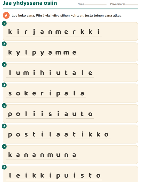 Esikatselu: Yhdyssanat-tehtäväarkki, 2. luokka