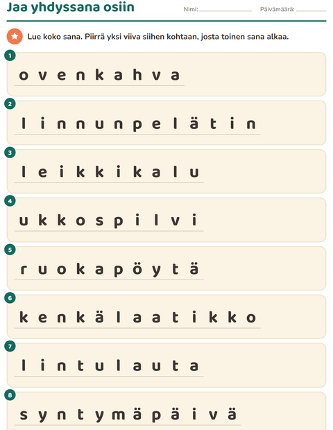 Esikatselu: Yhdyssanat-tehtäväarkki, 2. luokka