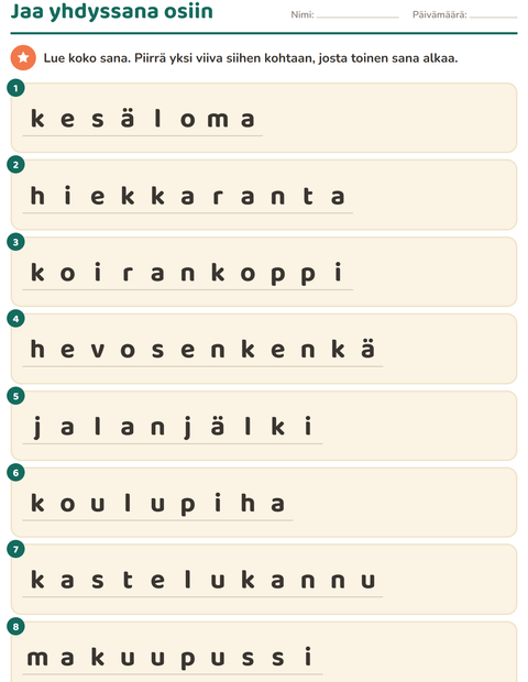 Esikatselu: Yhdyssanat-tehtäväarkki, 2. luokka