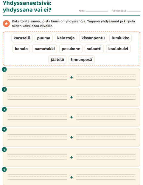 Esikatselu: Yhdyssanat-tehtäväarkki, 2. luokka