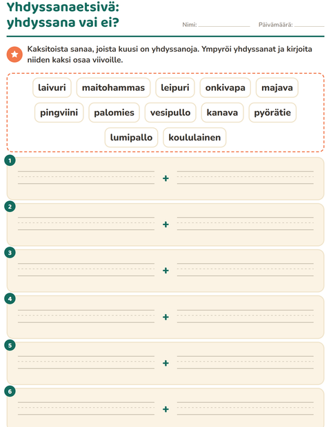 Esikatselu: Yhdyssanat-tehtäväarkki, 2. luokka
