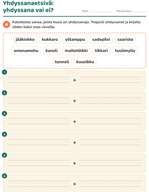 Esikatselu: Yhdyssanat-tehtäväarkki, 2. luokka