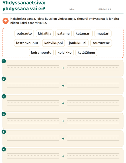 Esikatselu: Yhdyssanat-tehtäväarkki, 2. luokka