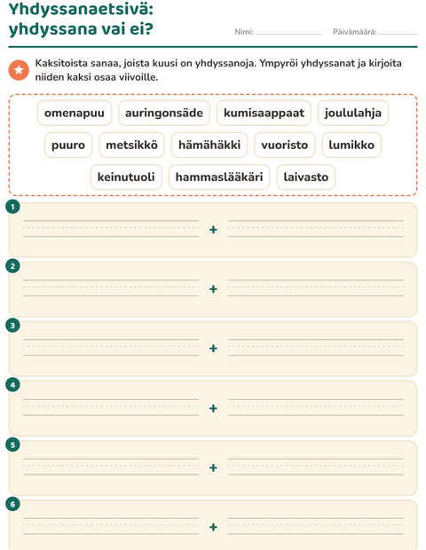 Esikatselu: Yhdyssanat-tehtäväarkki, 2. luokka