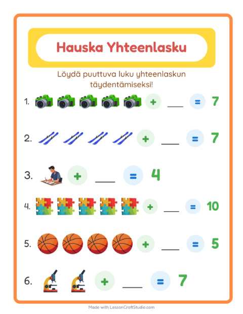Esikatselu: Yhteenlasku-tehtäväarkki, aiheena Aktiviteetit, Esiopetus