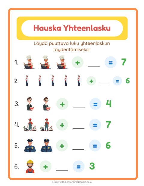 Esikatselu: Etsi puuttuva luku: Ammatit – 1. luokan oppilaille