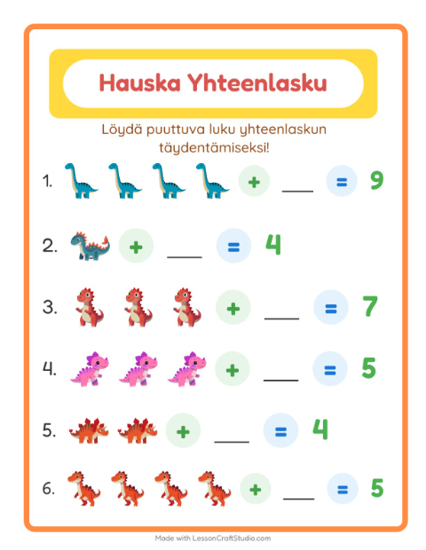 Esikatselu: Etsi puuttuva luku: Dinosaurukset – 1. luokan oppilaille