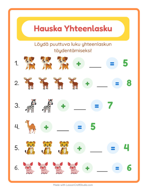 Puuttuva luku – Eläimet