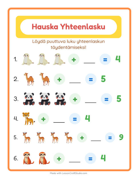Puuttuva luku – Eläintarhan eläimet