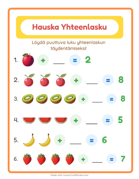 Esikatselu: Yhteenlasku-tehtäväarkki, aiheena Hedelmät, Esiopetus