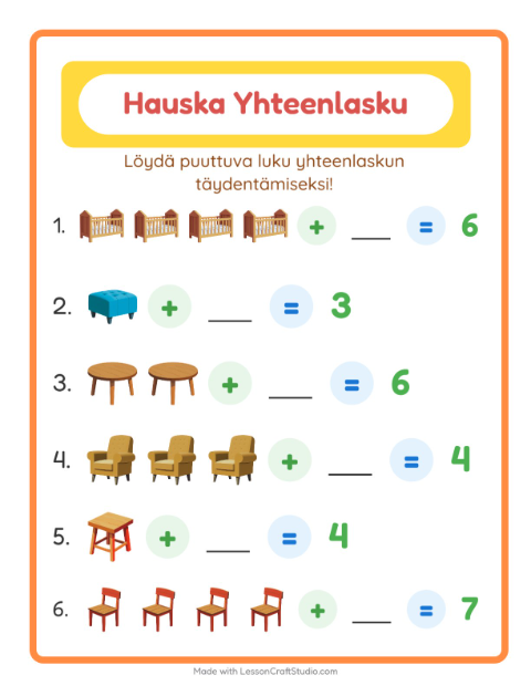 Esikatselu: Yhteenlasku-tehtäväarkki, aiheena Huonekalut, Esiopetus