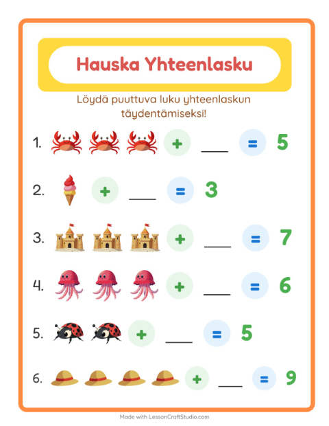 Esikatselu: Yhteenlasku-tehtäväarkki, aiheena Kesä, Esiopetus