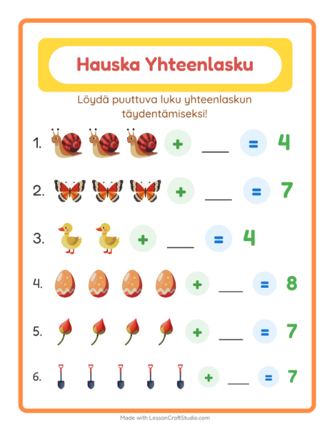 Esikatselu: Yhteenlasku-tehtäväarkki, aiheena Kevät, Esiopetus