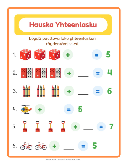 Esikatselu: Yhteenlasku-tehtäväarkki, aiheena Lelut, Esiopetus