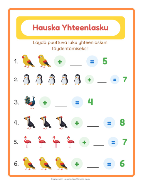 Esikatselu: Yhteenlasku-tehtäväarkki, aiheena Linnut, Esiopetus