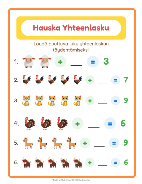 Esikatselu: Yhteenlasku-tehtäväarkki, aiheena Maatilan eläimet, Esiopetus