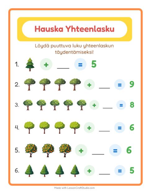 Esikatselu: Yhteenlasku-tehtäväarkki, aiheena Puut, Esiopetus