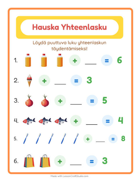Esikatselu: Yhteenlasku-tehtäväarkki, aiheena Ruokakaupassa, Esiopetus