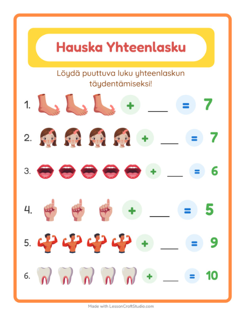 Esikatselu: Yhteenlasku-tehtäväarkki, aiheena Ruumiinosat, Esiopetus