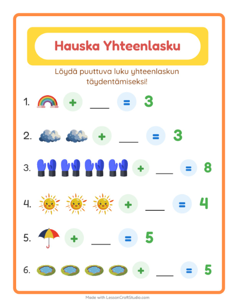 Esikatselu: Yhteenlasku-tehtäväarkki, aiheena Sää, Esiopetus