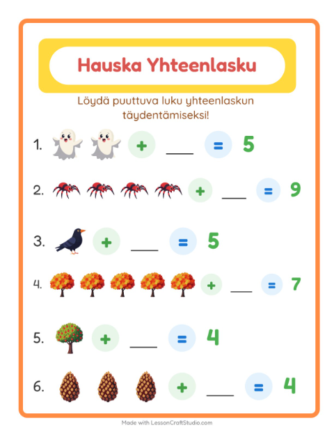 Esikatselu: Yhteenlasku-tehtäväarkki, aiheena Sekalaista, Esiopetus