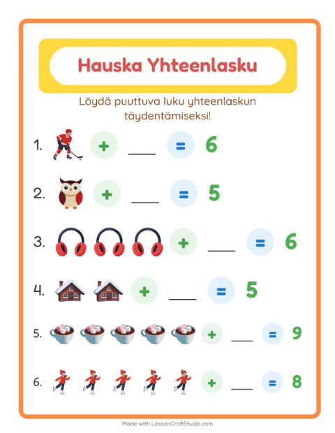Esikatselu: Yhteenlasku-tehtäväarkki, aiheena Talvi, Esiopetus