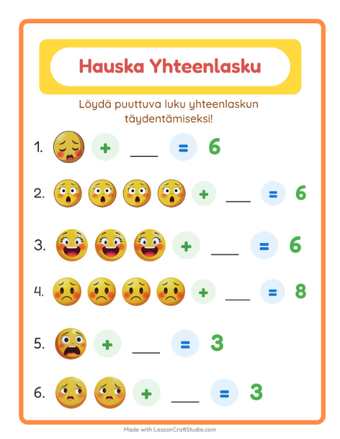 Esikatselu: Yhteenlasku-tehtäväarkki, aiheena Tunteet, Esiopetus