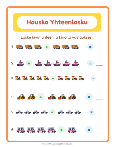 Esikatselu: Yhteenlasku-tehtäväarkki, aiheena Ajoneuvot, Esiopetus