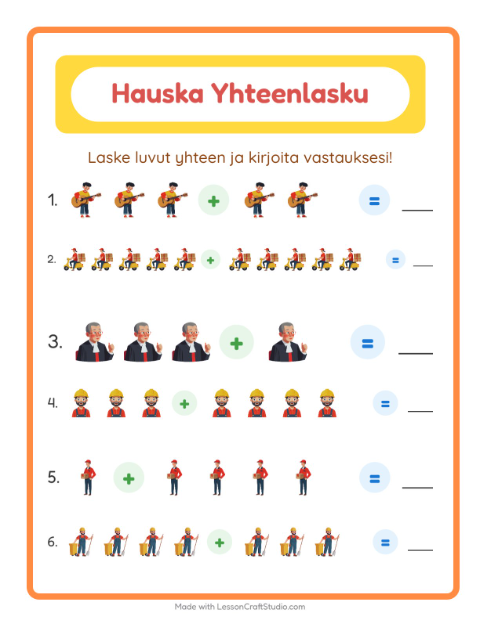 Esikatselu: Yhteenlasku-tehtäväarkki, aiheena Ammatit, Esiopetus