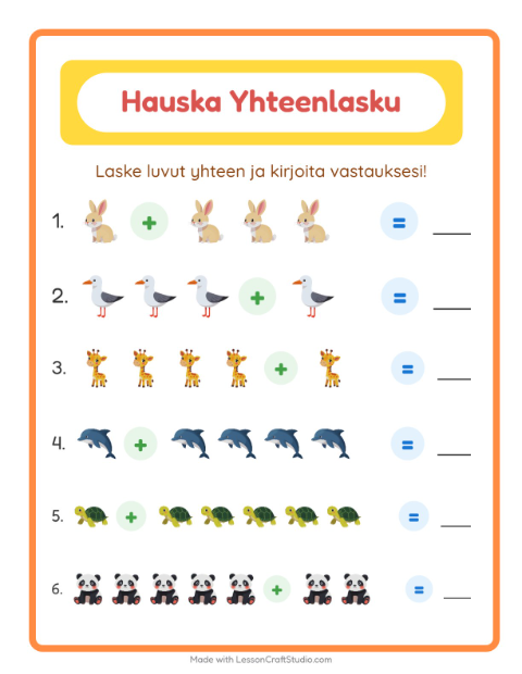 Yhteenlasku: Eläimet – 1. luokan oppilaille — 2