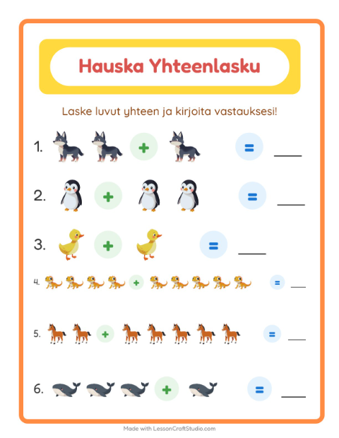 Esikatselu: Yhteenlasku-tehtäväarkki, aiheena Eläimet, Esiopetus