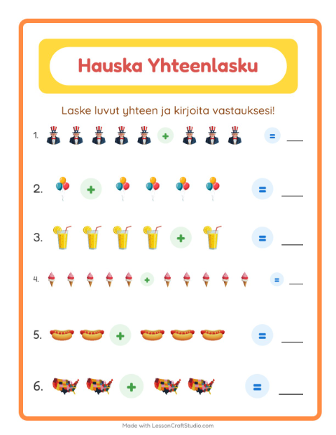 Esikatselu: Yhteenlasku-tehtäväarkki, aiheena Heinäkuun 4., Esiopetus