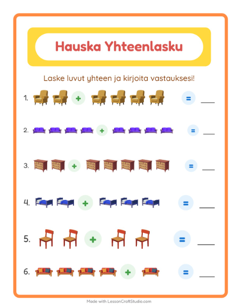 Esikatselu: Yhteenlasku-tehtäväarkki, aiheena Huonekalut, Esiopetus