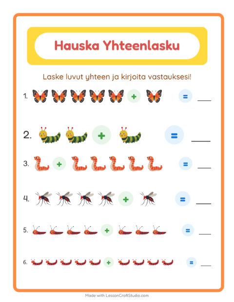 Esikatselu: Yhteenlasku-tehtäväarkki, aiheena Hyönteiset ja ötökät, Esiopetus