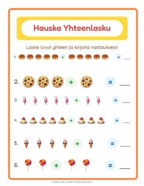 Esikatselu: Yhteenlasku-tehtäväarkki, aiheena Jälkiruoat ja makeiset, Esiopetus