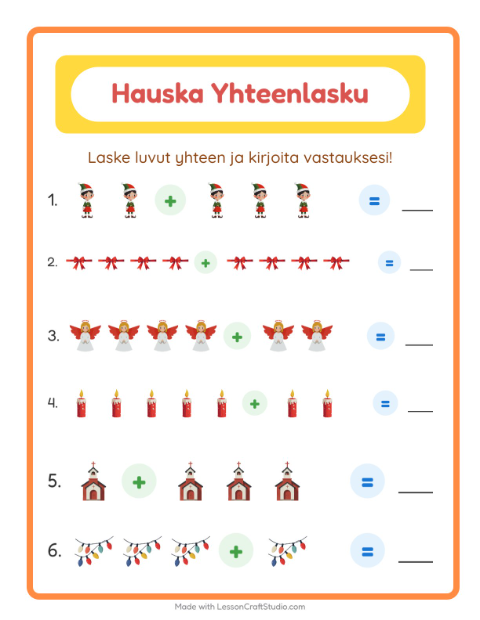 Esikatselu: Yhteenlasku-tehtäväarkki, aiheena Joulu, Esiopetus