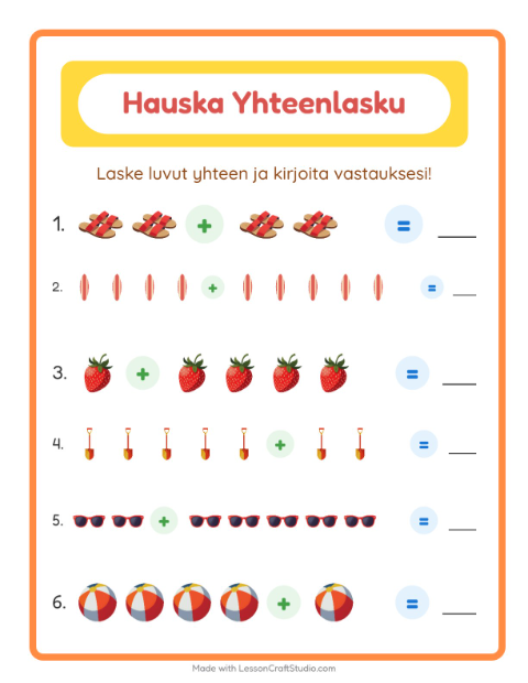 Esikatselu: Yhteenlasku-tehtäväarkki, aiheena Kesä, Esiopetus