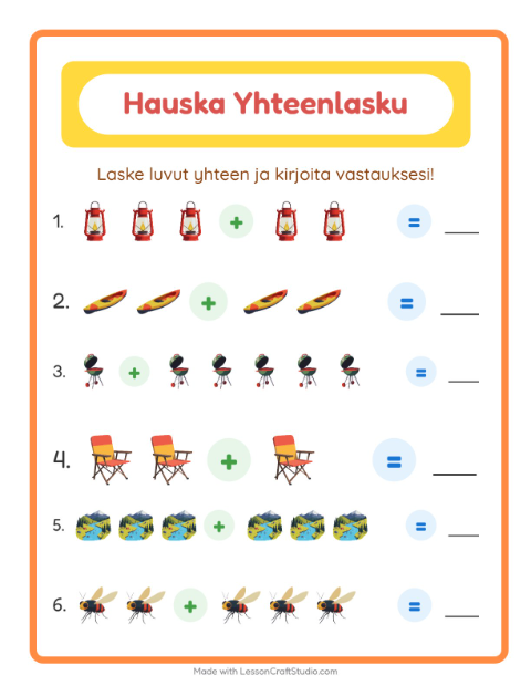 Esikatselu: Yhteenlasku-tehtäväarkki, aiheena Leirielämä, Esiopetus