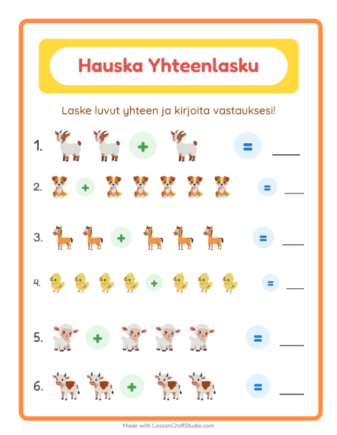 Yhteenlasku – Maatilan eläimet