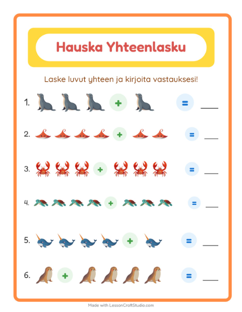 Esikatselu: Yhteenlasku-tehtäväarkki, aiheena Merielämä, Esiopetus