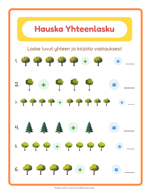 Esikatselu: Yhteenlasku-tehtäväarkki, aiheena Puut, Esiopetus